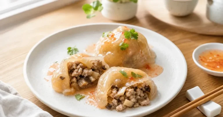 Vietnamese rice paper ba wan cut open to show pork and bamboo shoot filling, served with sweet chili sauce and cilantro