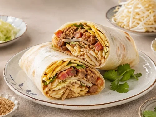 Taiwanese spring rolls cut open with fillings layered inside