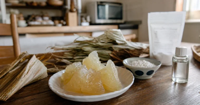 Concept image for alkaline zongzi substitutes in Japan, with amber zongzi, bamboo leaves, glutinous rice and alkaline liquid on the table