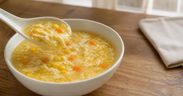 A bowl of golden Taiwanese corn soup with corn kernels, egg ribbons, potato and vegetables on a wooden table.