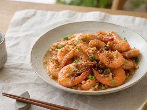 Garlic double pepper shrimp on a white plate with tea and chopsticks