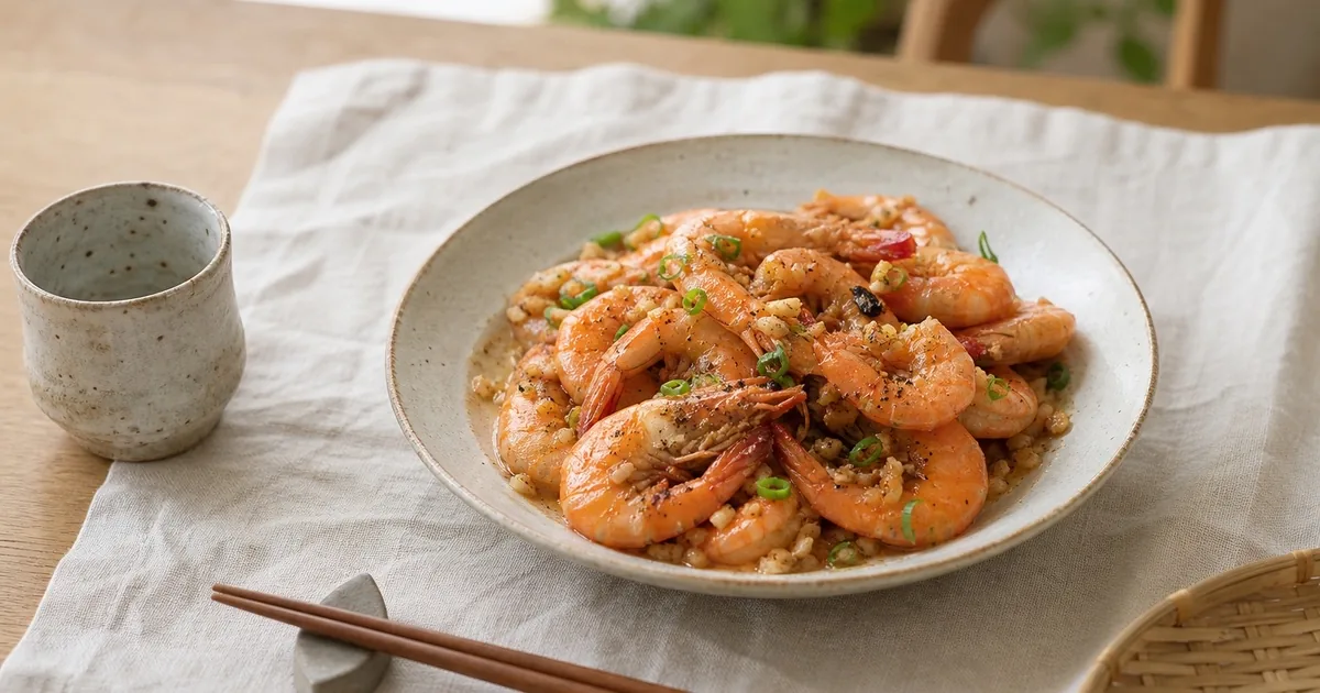 Garlic double pepper shrimp on a white plate with tea and chopsticks