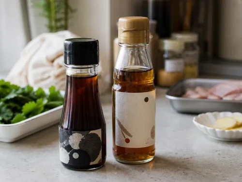 Two bottles of sesame oil with different colors on a natural-light kitchen counter, showing a comparison between Taiwanese black sesame oil and Japanese sesame oil substitutes.