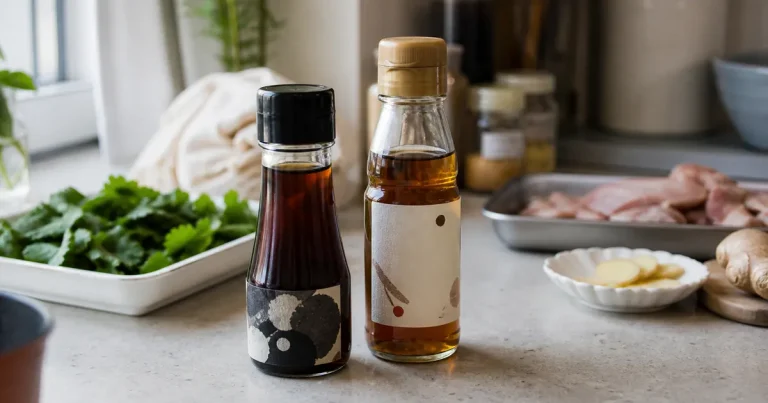 Two bottles of sesame oil with different colors on a natural-light kitchen counter, showing a comparison between Taiwanese black sesame oil and Japanese sesame oil substitutes.