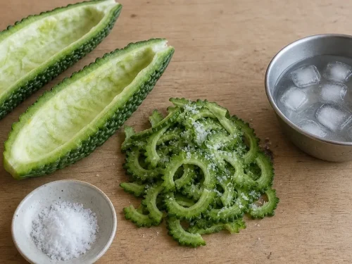 Okinawan bitter melon cut open with white pith scraped out, thin slices, sea salt and ice water for reducing bitterness.