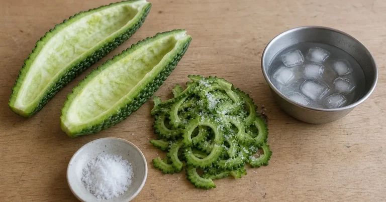 Okinawan bitter melon cut open with white pith scraped out, thin slices, sea salt and ice water for reducing bitterness.