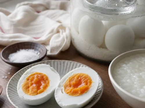 Homemade salted chicken eggs, rice porridge, coarse salt, and a glass jar of brine