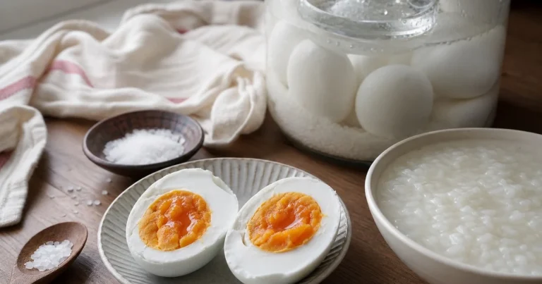 Homemade salted chicken eggs, rice porridge, coarse salt, and a glass jar of brine