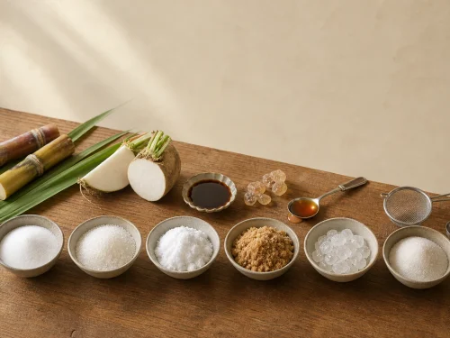 Different bags and bowls of Japanese and Taiwanese sugar types on a kitchen counter for comparing 上白糖, granulated sugar, and brown-toned sugar substitutes.
