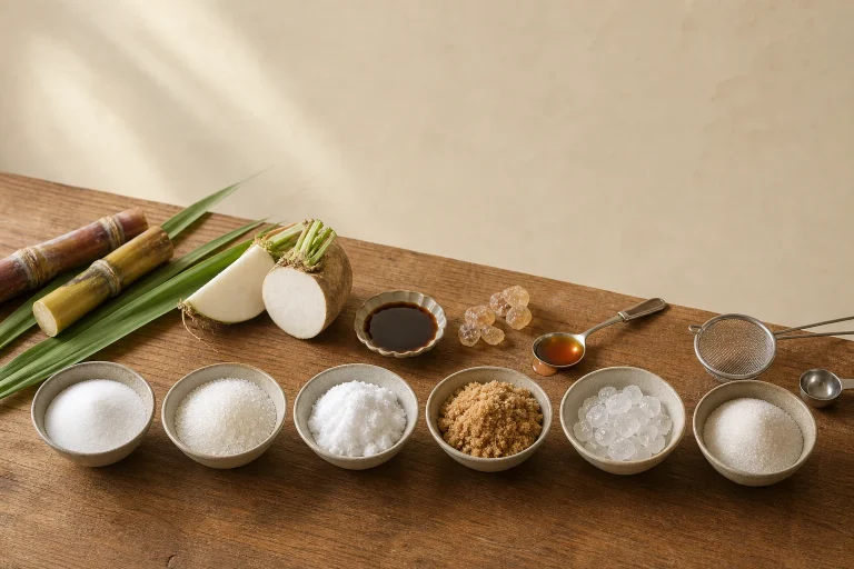 Different bags and bowls of Japanese and Taiwanese sugar types on a kitchen counter for comparing 上白糖, granulated sugar, and brown-toned sugar substitutes.