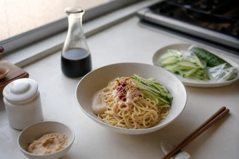 Taiwanese cold noodles sesame sauce made with nerigoma, peanut butter and black vinegar