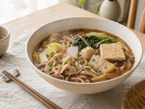Taiwanese malatang soup base with tofu, greens, mushrooms and glass noodles in a bowl