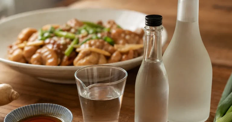 Taiwanese rice wine substitutes in Japan, with sake, cooking sake, rice shochu, ginger, and a Taiwanese home-style chicken dish on a wooden table.