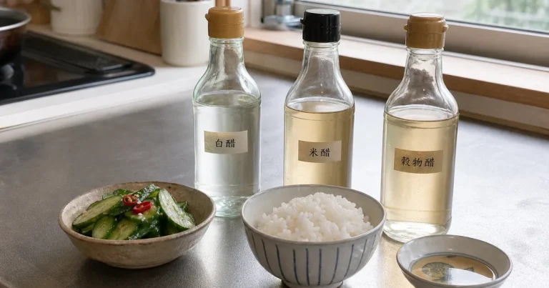 Bottles of white vinegar, rice vinegar, and Japanese grain vinegar on a kitchen counter with Taiwanese cucumber salad and rice